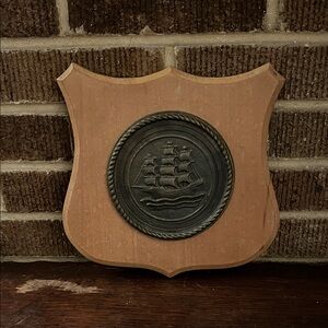 Vintage Maritime Wooden Plaque with Bronze Clipper Ship Emblem